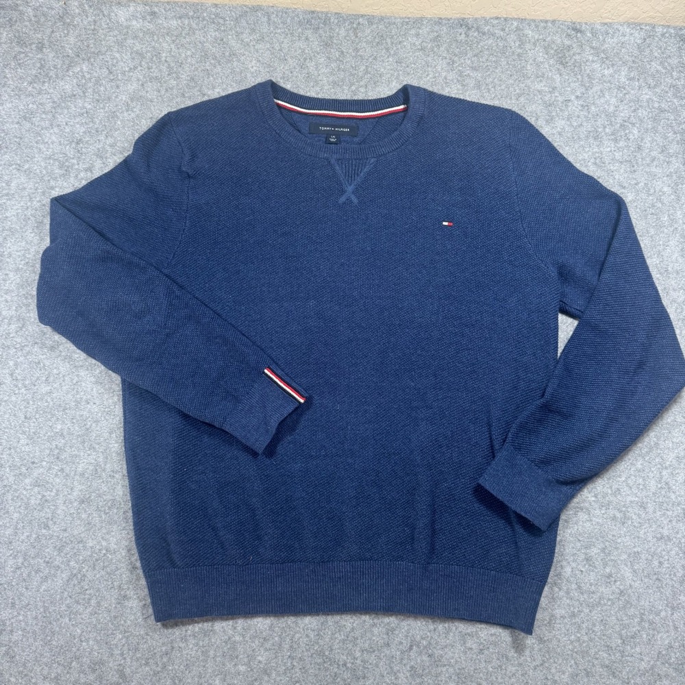 Tommy Hilfiger Crewneck Sweater Large Blue Textured Knit Logo